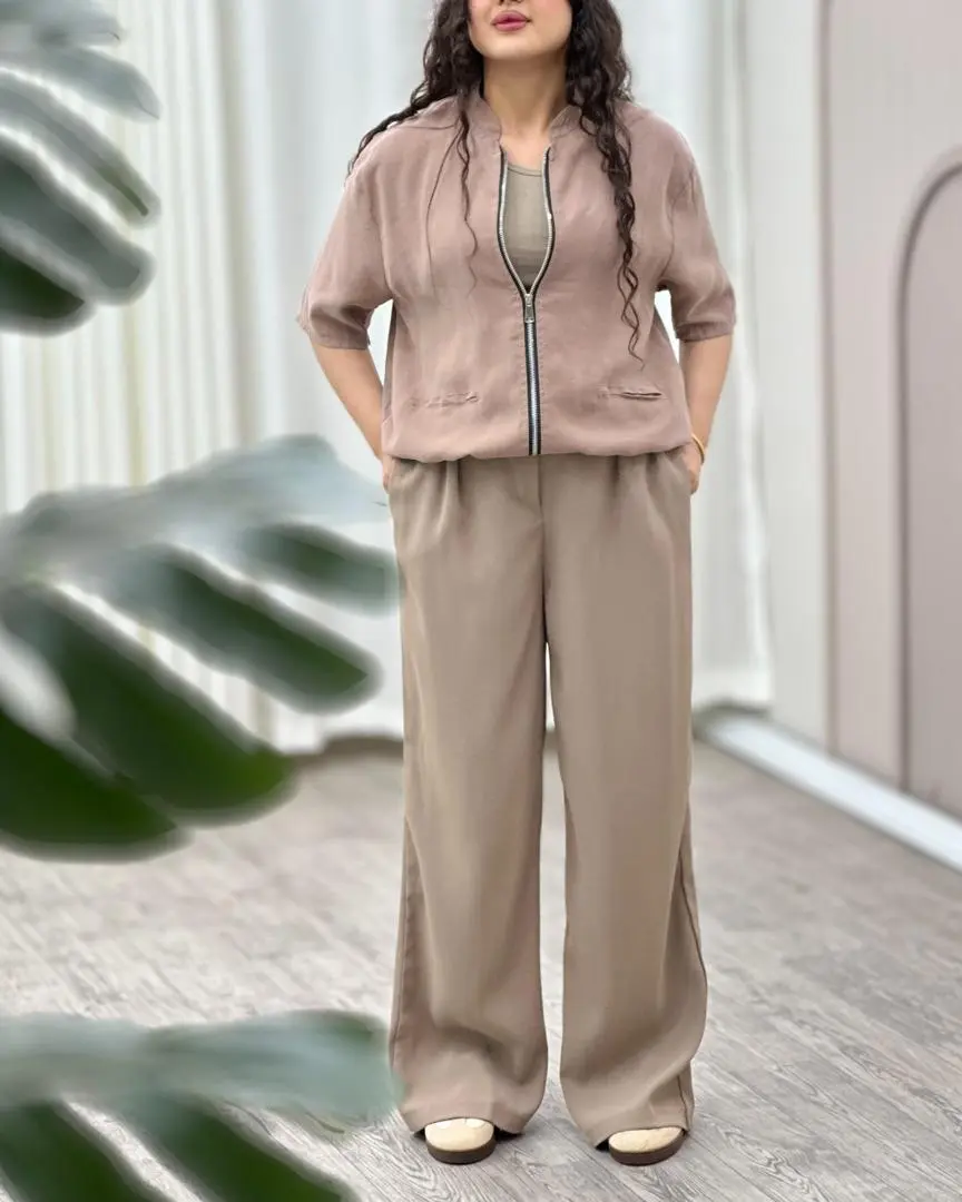 وست باکسی زیپدار زنانه | وست آستین کوتاه مینیمال و شیک کتان سیلک وارداتی - Image 9